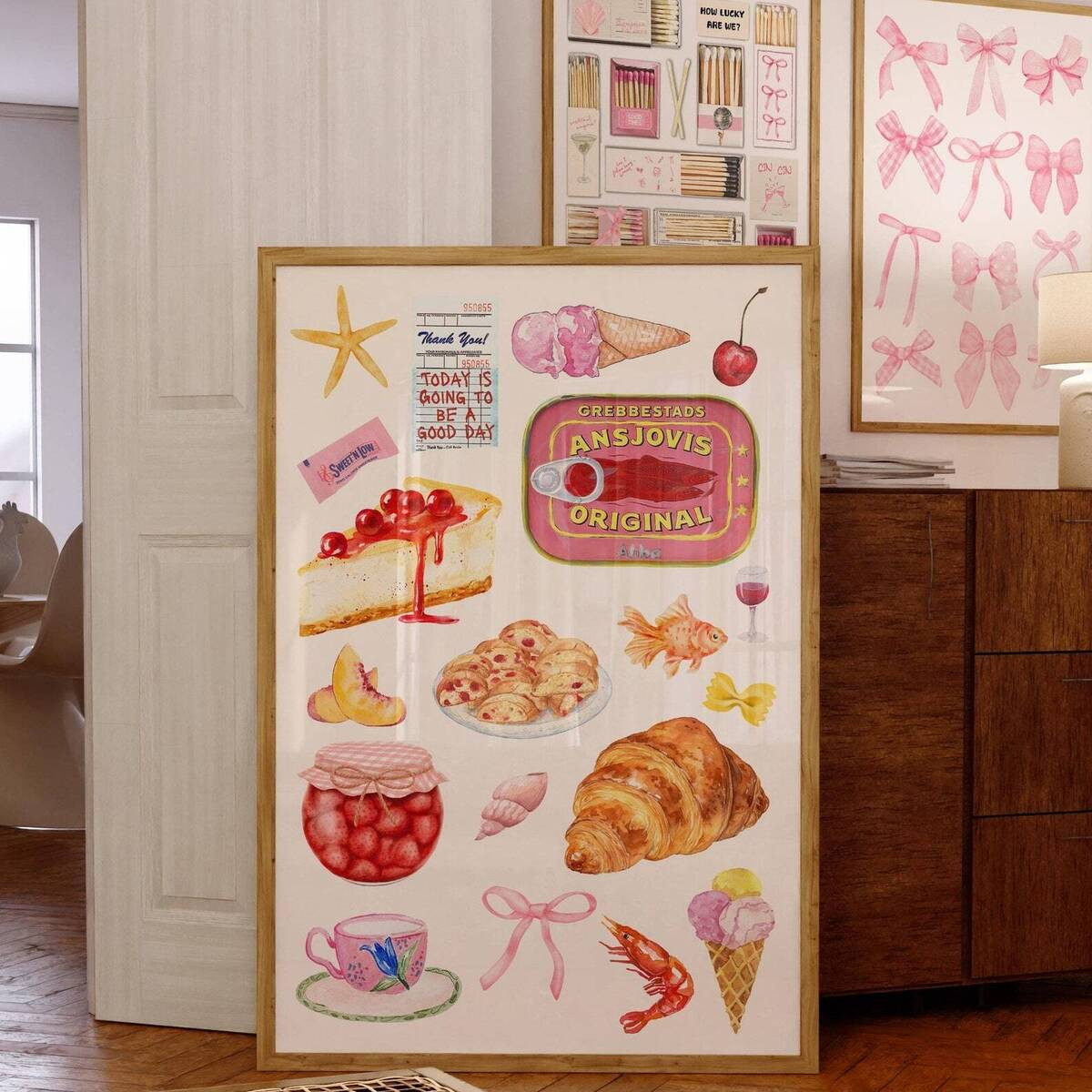 Vintage Food Collage Print Retro Kitchen Wall Art With French Pastries  Seafood regarding Vintage Food Kitchen Prints